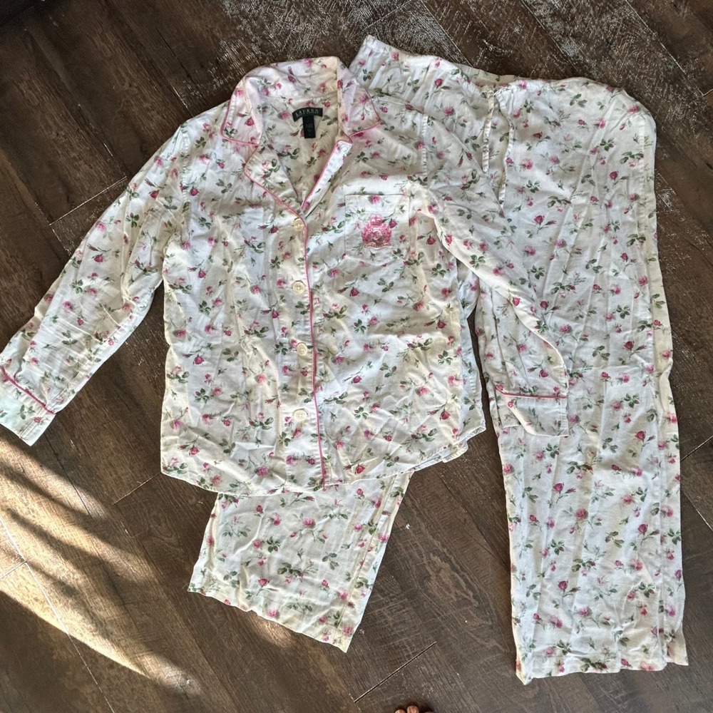 Lauren Ralph Lauren Pink Floral Rose Cotton Pajama Set L Long Sleeve Pants